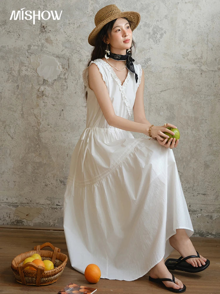 MISHOW Sleeveless Dress for Women Summer 2025 Drawstring Waist Simple Fashion Lace V-neck Dresses Female Clothing MXE37L2331