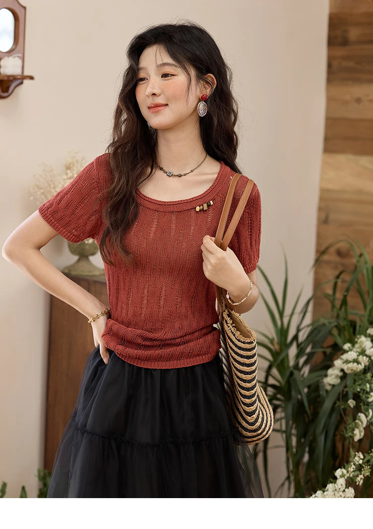MISHOW Retro Red Hollow Thin Knitted Sweater Shirt for Women 2025 Summer Beads Short Sleeves Knitted Breathable Top MXE35Z1271
