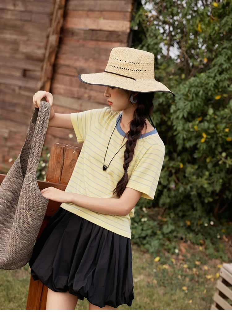 MISHOW Striped Knitted T-shirt for Women Summer 2025 Color Contrasting Round Neck Tees Wool Blended Slim Casual Top MXE35Z1270