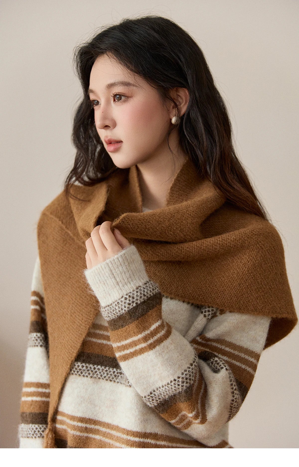 MISHOW Women's Wool Blend Retro Striped Sweater with Scarf Set 2025 Winter Knitted Round Neck Warm Loose Sweaters MXE94Z2987