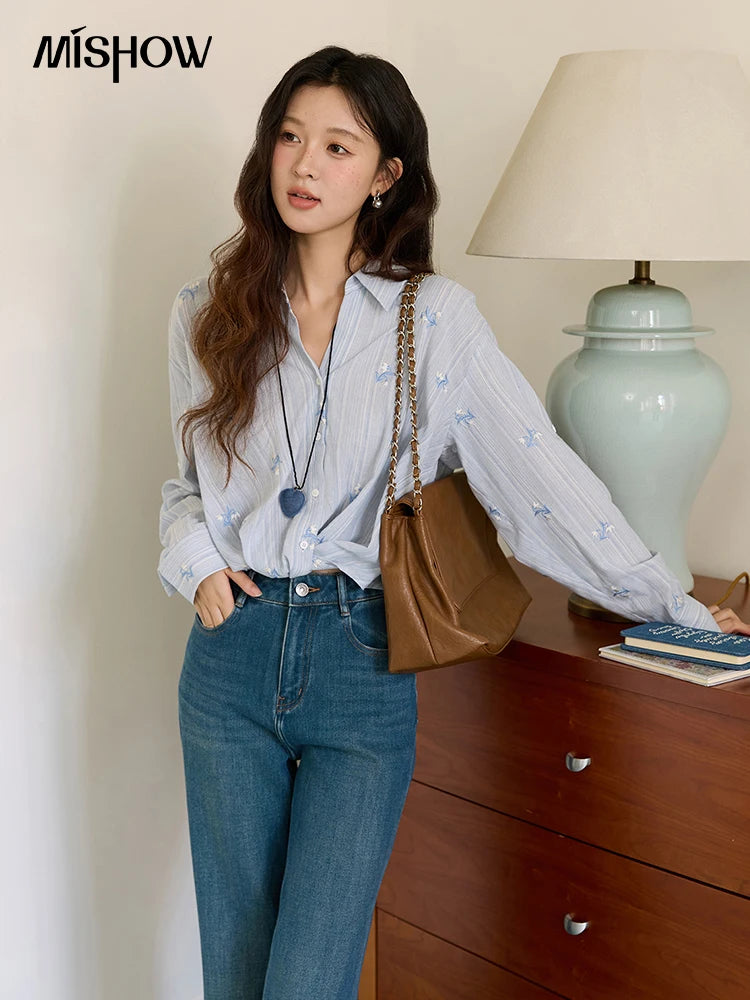 MISHOW Long Sleeve Shirts for Woman 2025 Autumn Retro Blue Single-breasted Blouse Floral Embroidery Casual Tops MXE45X2495
