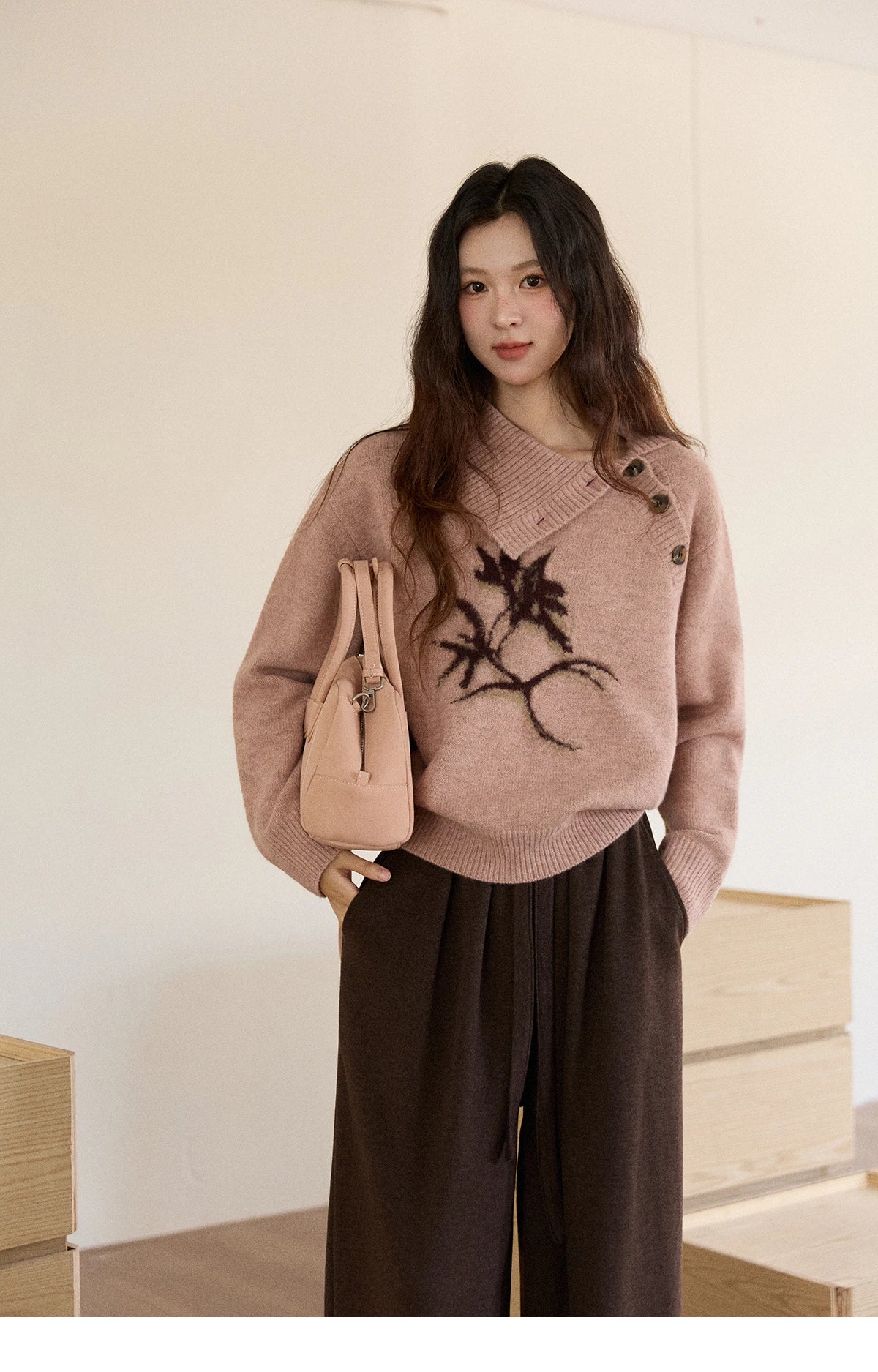MISHOW Plant Jacquard Sweater for Woman 2025 Winter French Style Casual Turtleneck Design Knitted Pullover Tops Woman MXE86Z2658