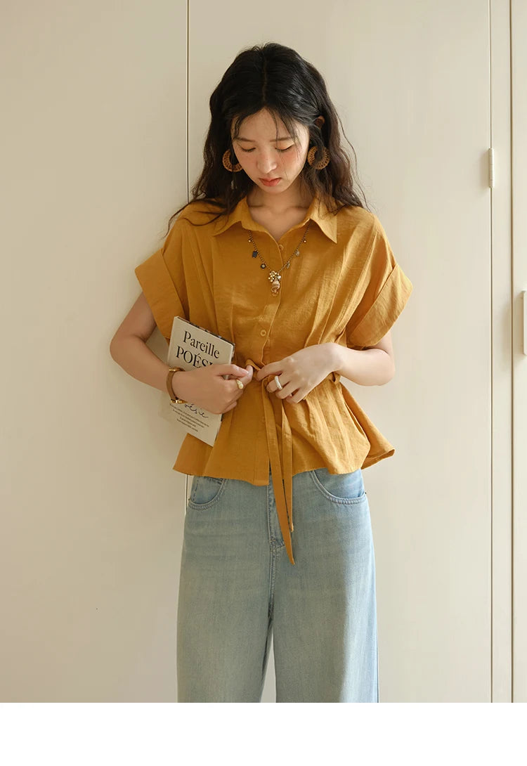 MISHOW Women's Casual Shirt 2025 Summer New Lace Up Button Turn-Down Collar Top Retro Orange Shirt Women's Clothing MXE37C0809