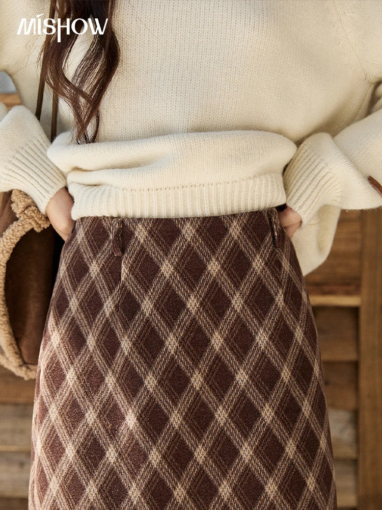 MISHOW Women's Brown Plaid Wool Blend Skirt 2025 Winter High Waist Slim A-Line Back Hem Split Back Elastic Midi Skirt MXE94B2461