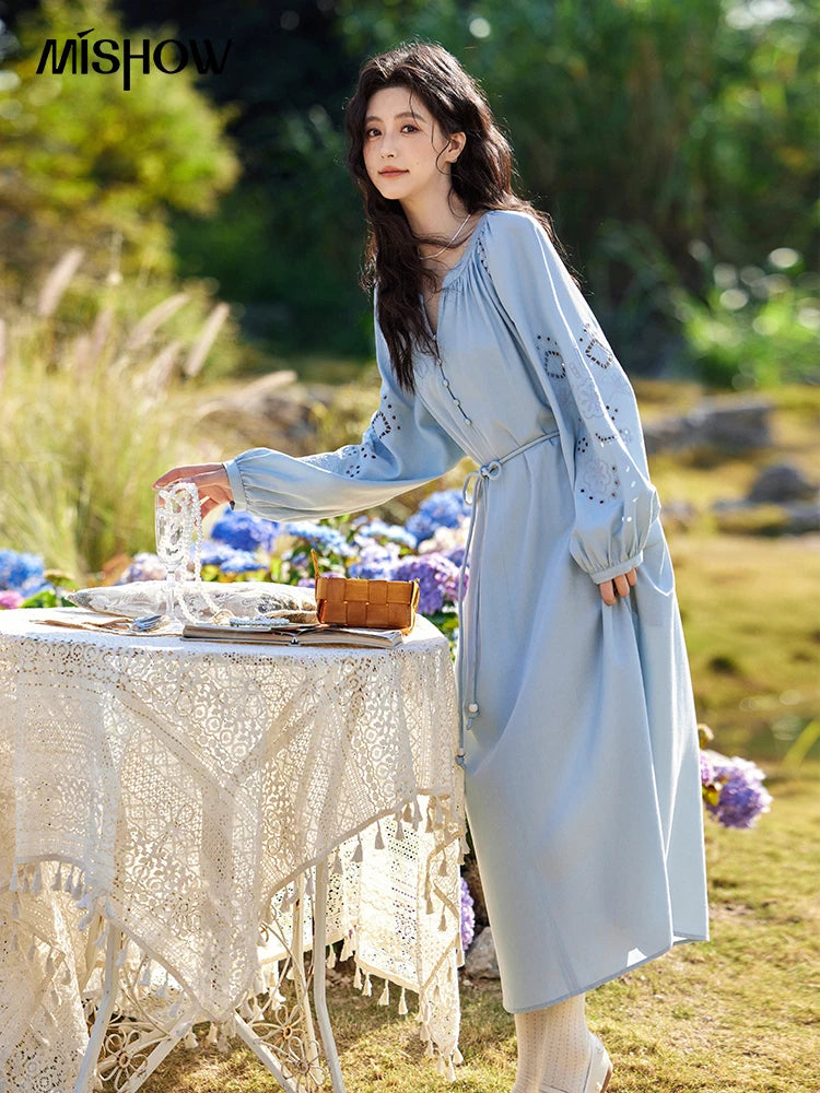 MISHOW French Hollow Lace Dress for Women 2025 Spring Vacation Slim Waist V-neck Dresses Loose Beach Fairy Dresses MXE12L2091