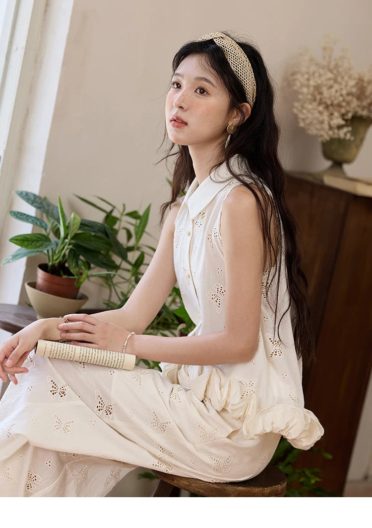 MISHOW 100 Cotton Butterfly Hollow Lace Lapel Shirt for Women Single Breasted Elegant Breathable Shirts with Tube Top MXE34X1808