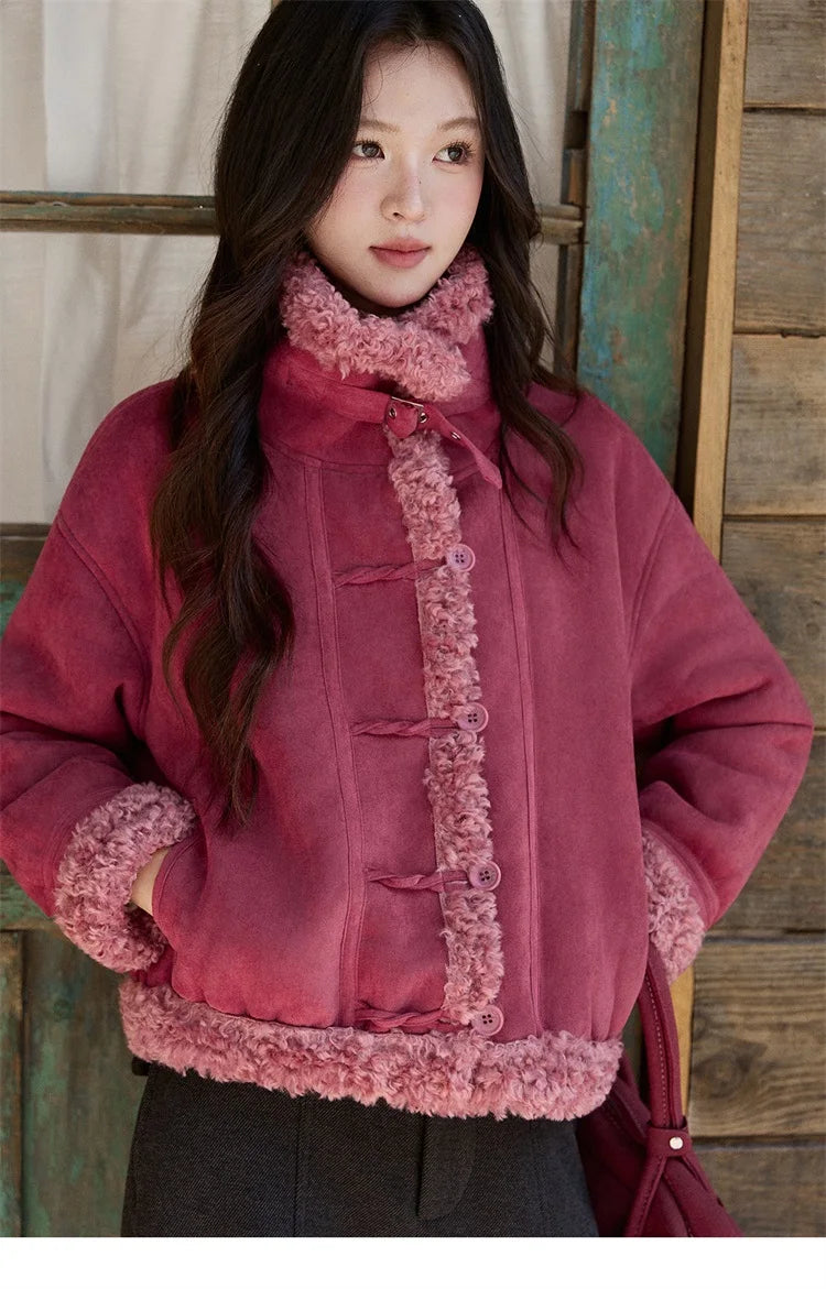 MISHOW Women's Dragon Fruit Red Suede Patchwork Coat 2025 Winter Color Block Stand Collar Thickened Short Outerwear MXE87W0942