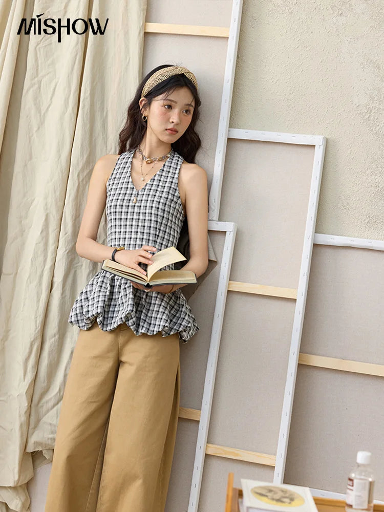 MISHOW 100Cotton Khaki Lace Patchwork Wide Leg Pants for Summer 2025 High Waist Straight Leg Trousers Commuting Pants MXE34K0925