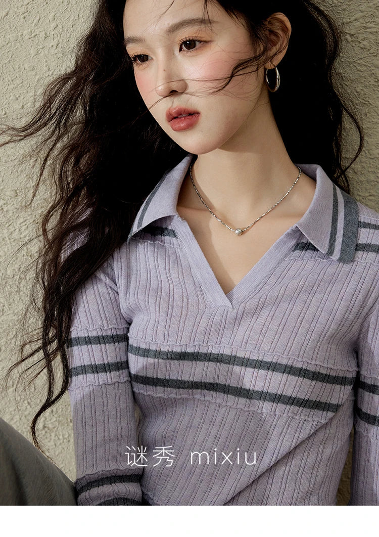 MISHOW Striped Knitted Tops for Women Spring 2025 Contrast Color Striped Slim V-neck Trumpet Sleeves Commuter Outfit MXE13Z1141