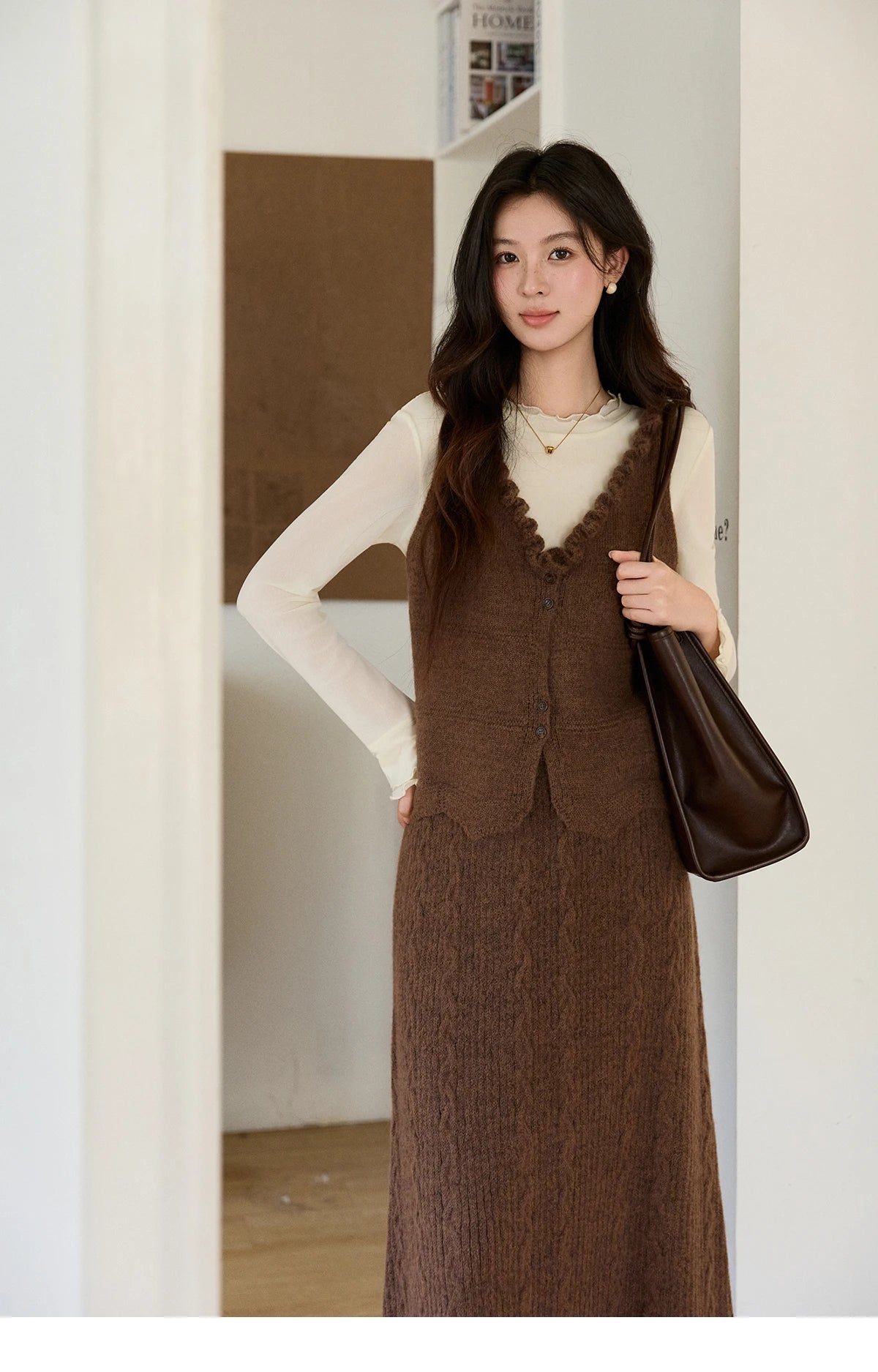 MISHOW Women's Brown Two-Piece Set 2026 Spring Knitted Vest V-Neck Cable Knit Maxi Skirt Casual Retro Warm Outfit MXF11T1460