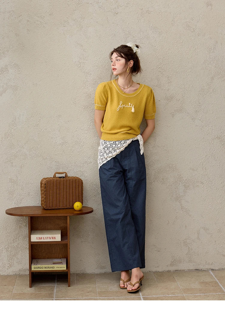 MISHOW French Knitted Pullover Women Summer 2025 Letter Short Sleeve Round Neck Slimming Sweater Female Fashion MXE33Z1219