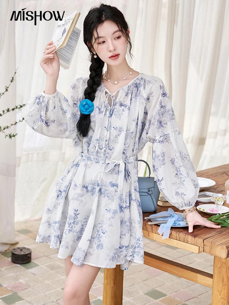 MISHOW Fairy Temperament Floral Puff Sleeved Chiffon Dress Spring Summer 2025 Lace-up O Neck Waist Knee-Length Dress MXD14L1681