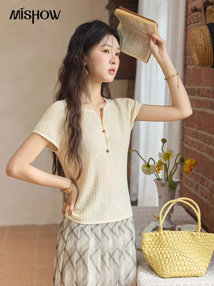 MISHOW Short Sleeved Knitted T-shirt for Women Summer 2025 Twisted Design Dopamine Button Tees Slim Breathable Top MXE34Z1243