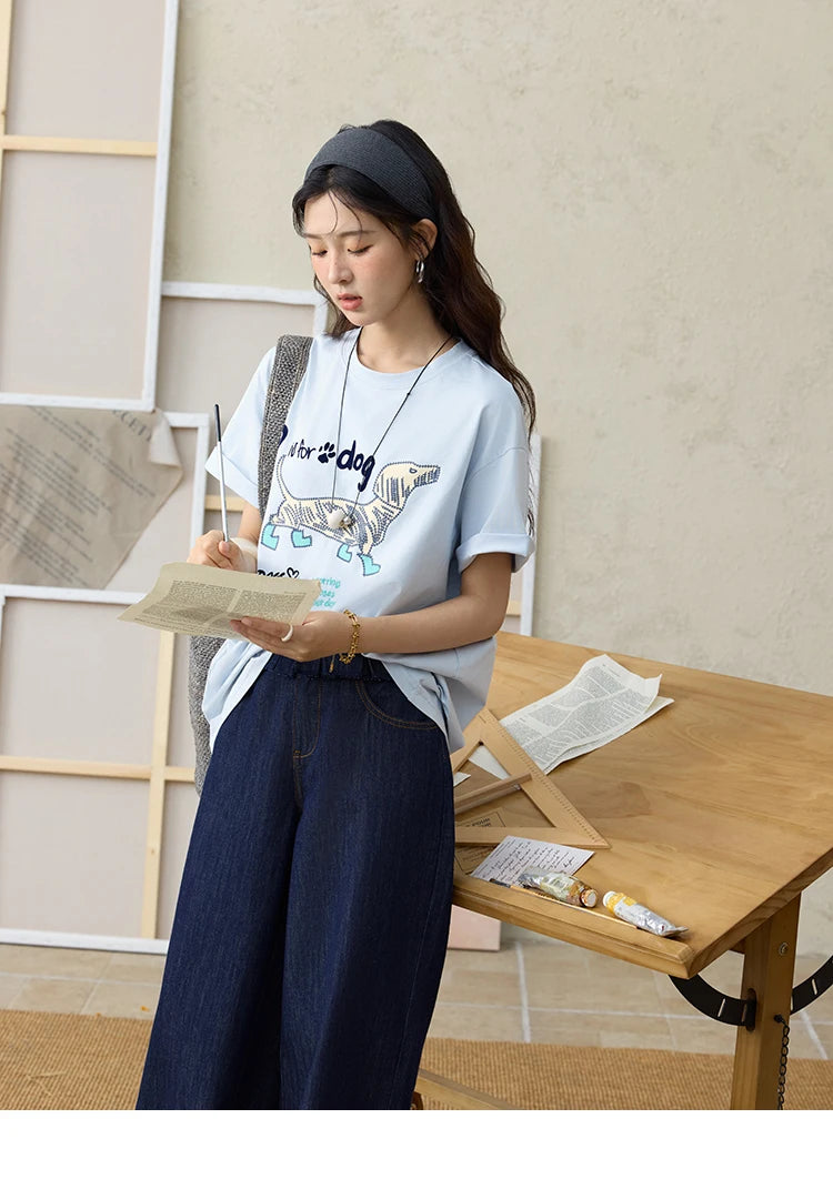 MISHOW Print Summer T-shirts Women 2025 Short Sleeve Round Neck Flocked Puppy Loose Shirt Female Casual Versatile Top MXE33T0542