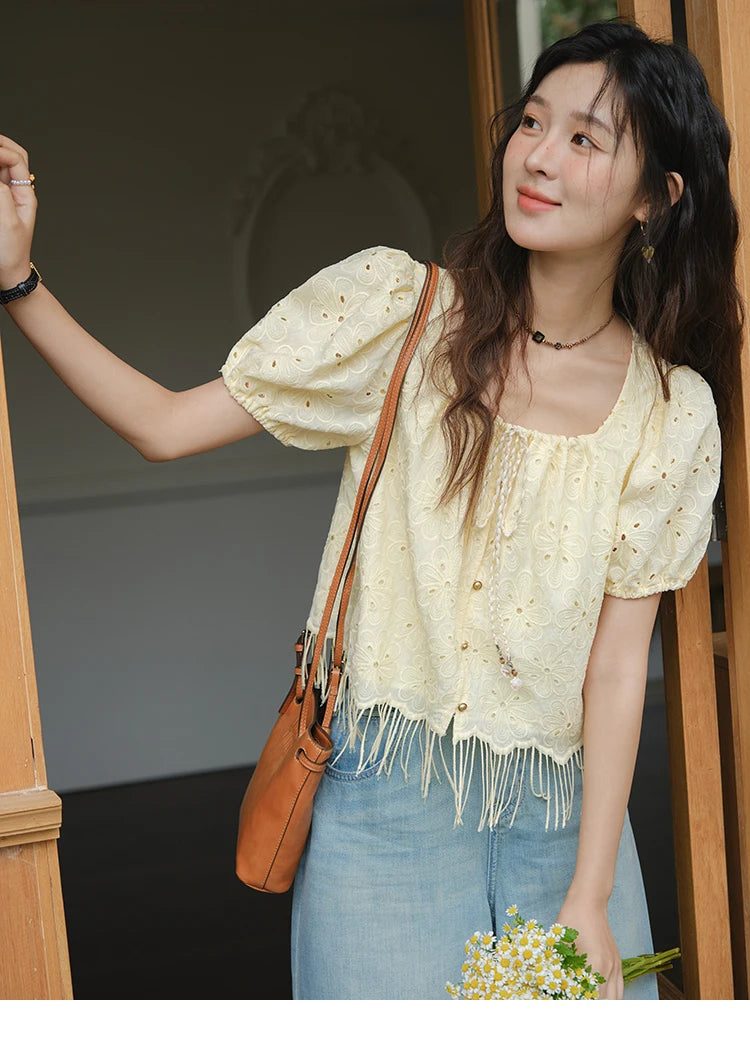 MISHOW Women's Fashion Hollow Out Blouse Summer 2025 Embroidery Puff Sleeve Square Collar Tassel Ladies Casual Top MXE37X1851