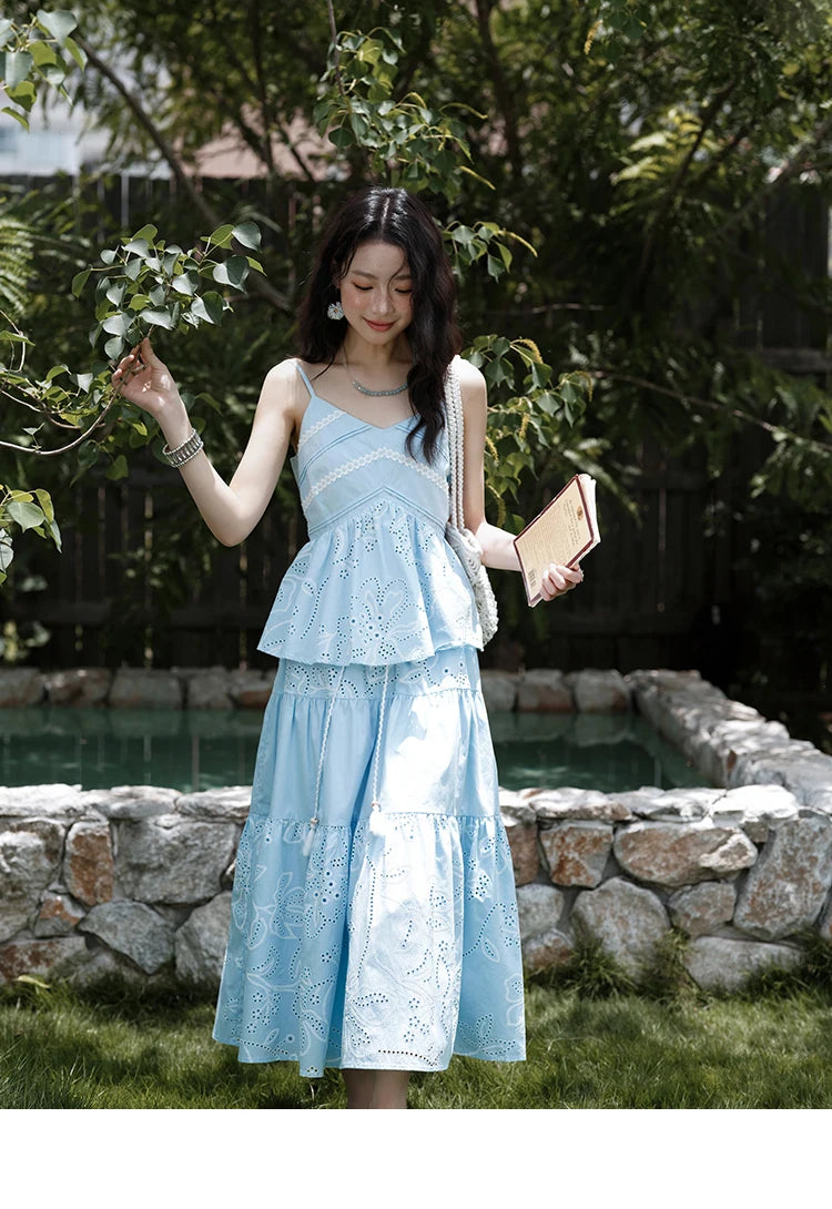 MISHOW Woman 2 Pieces Set 2025 Summer Ladies Fashion Strap V-neck Top Embroidery Flower Hollow Out Drawstring Skirt MXE34T0624