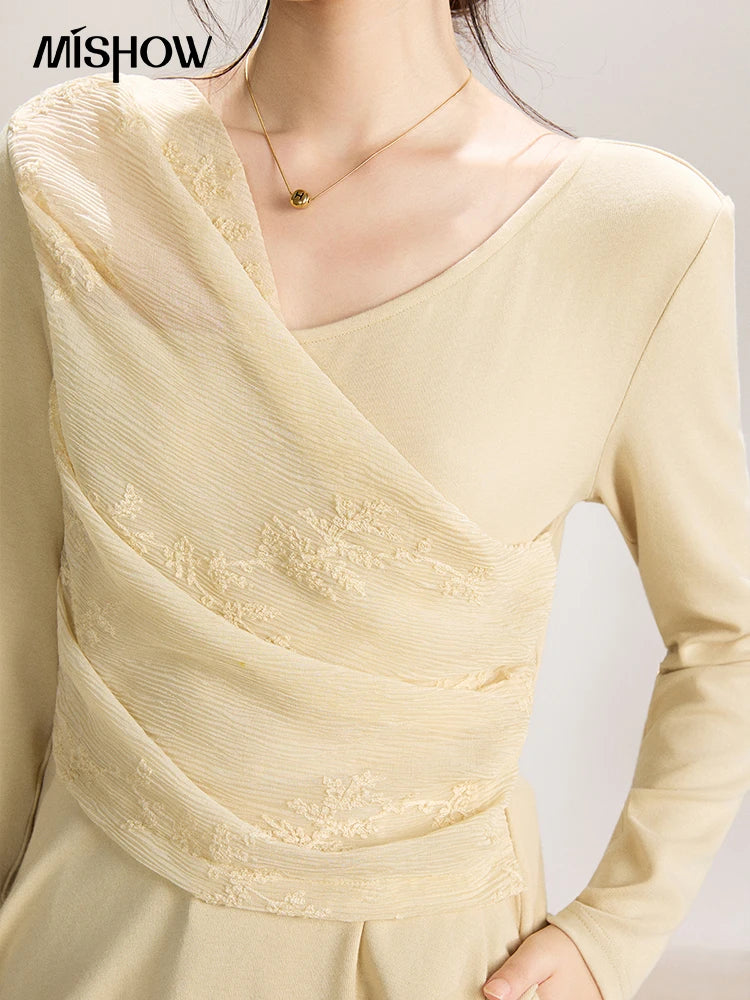 MISHOW Women's Asymmetric Lace Patchwork Tops 2026 Spring V Neck Long Sleeve Top Ruched Waist Ruffled Hem Casual Tees MXF11Z2942