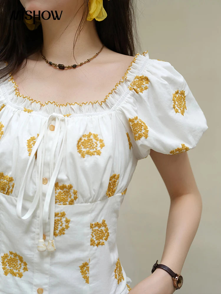 MISHOW Fashion Yellow Flower Embroidery Blouse for Woman 2025 Summer New Puff Sleeve Casual Lace Up Button Lady Shirt MXE35X1811
