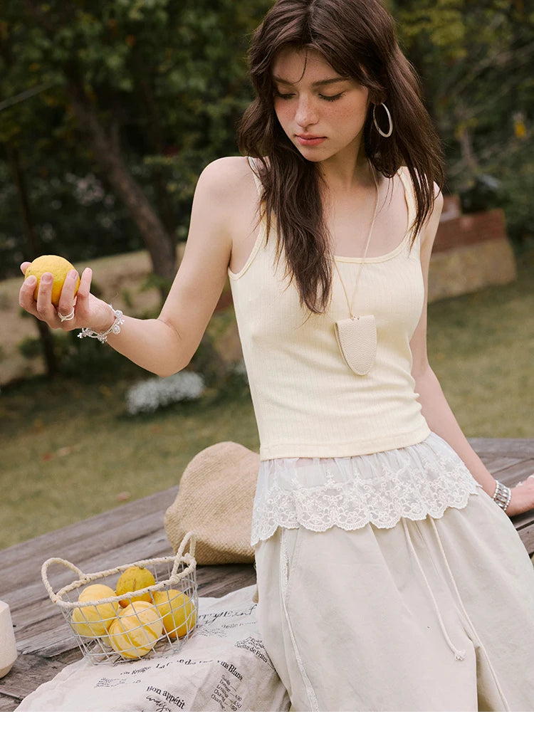 MISHOW Apricot Cargo Pants for Women in Summer 2025 Lace Patchwork Casual Pants Drawstring Elastic Waisted Trousers MXE33K0935