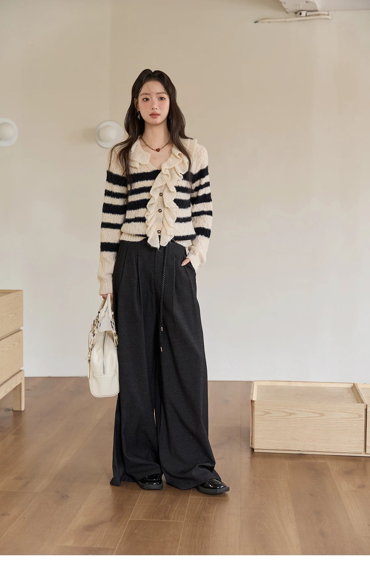 MISHOW Striped Sweater for Women 2025 Autumn New Asymmetrical Ruffled Diamond Shape Knitted Retro Women's Cardigan MXE51Z2633