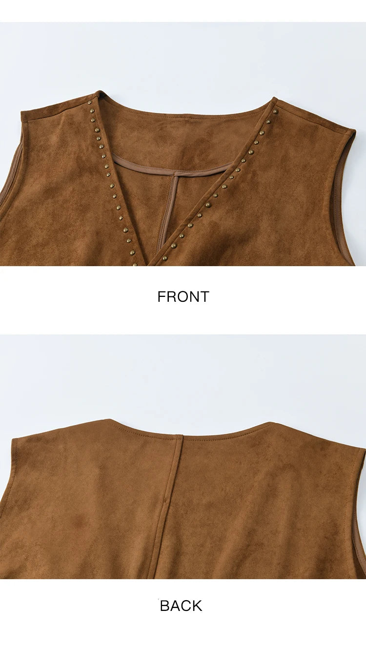 MISHOW Suede Vest Jacket for Women 2025 Autumn French Vintage Sleeveless Thin Vest Coat Rivet Design V-neck Vests MXE46L2518
