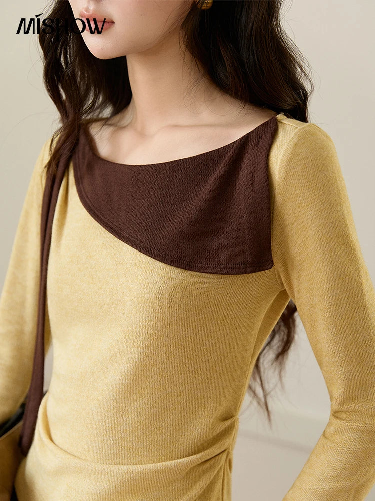 MISHOW Women's Yellow Brown Irregular Top 2026 Spring Contrast Color Oblique Collar Long Sleeve Casual Knitted Tops MXF11Z2911