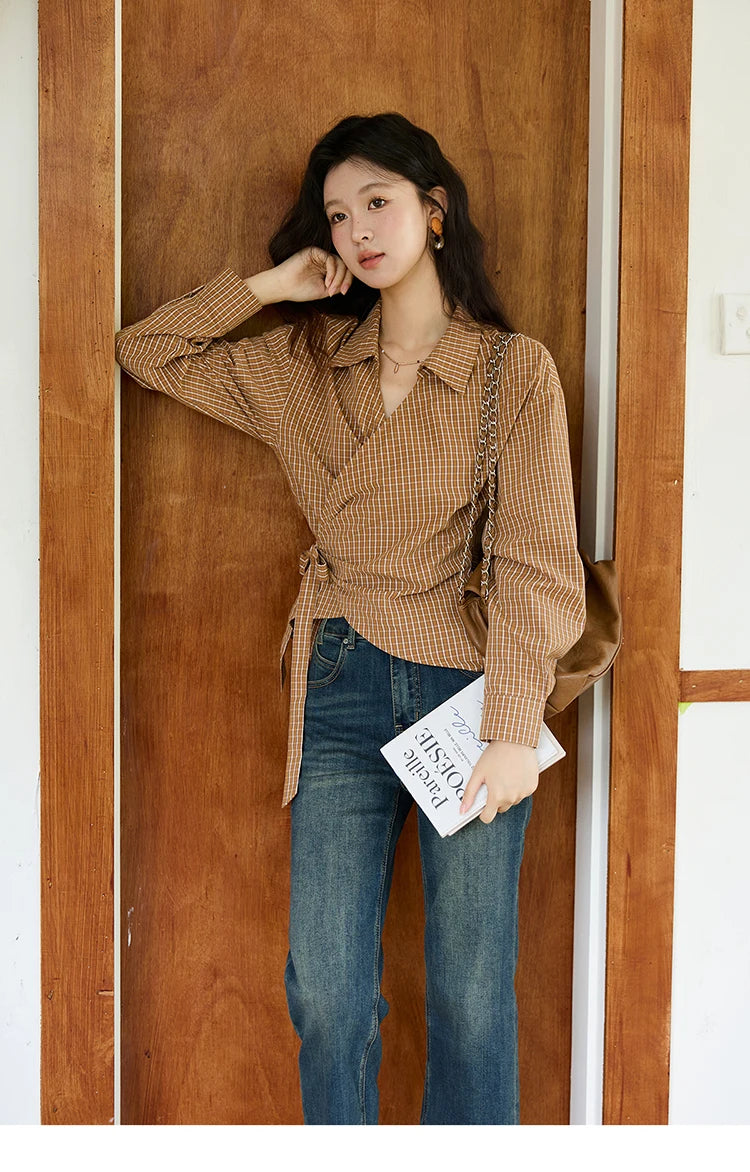 MISHOW Women's 100 Cotton Dark Orange Plaid Shirt Autumn Design Side Waist Lace-up Long Sleeved Shirts Office Lady MXE46X2494