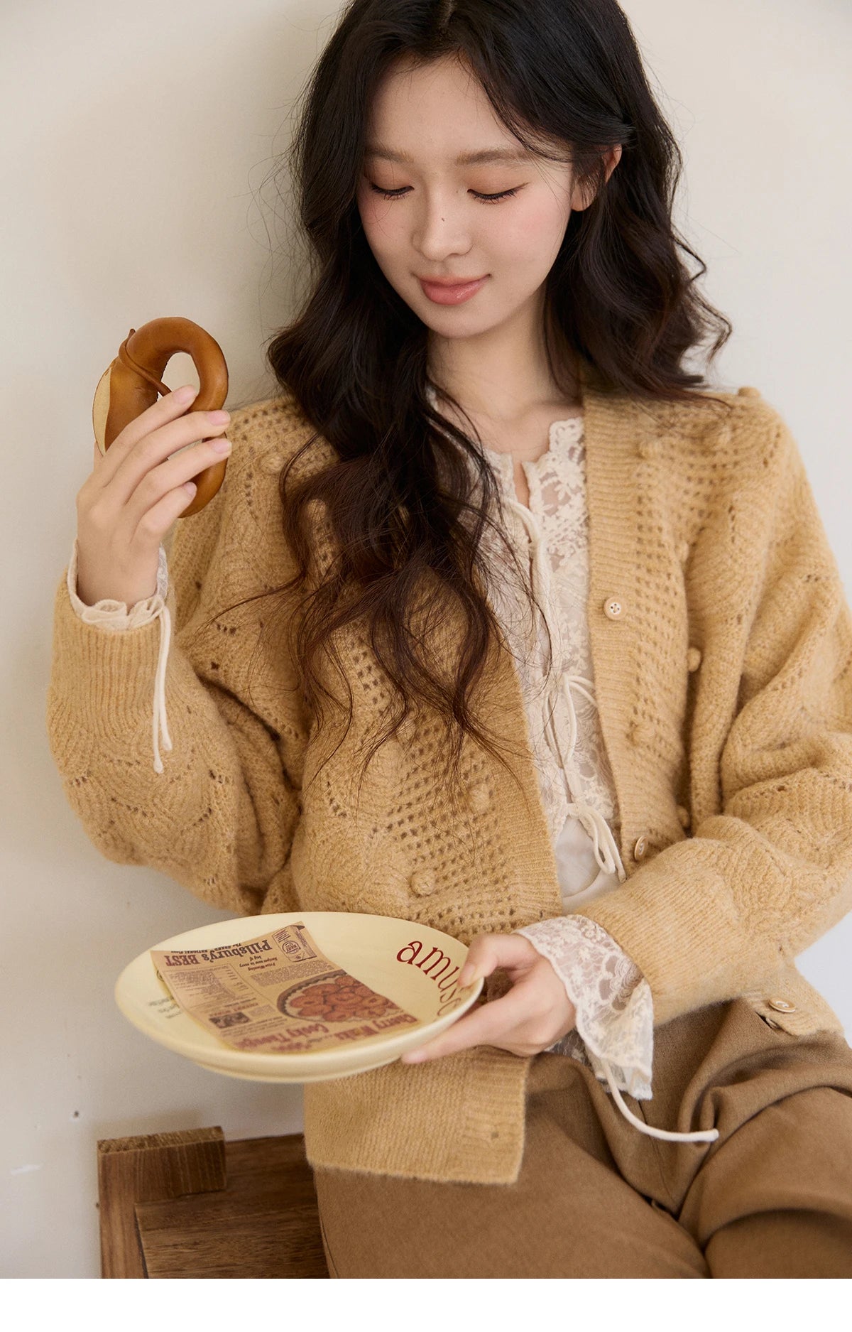 MISHOW Women's Solid Hollow-out Knit Thin Cardigan 2026 Spring V-Neck Bobble Knit tops Casual Loose Knitted Sweater MXF108Z1020