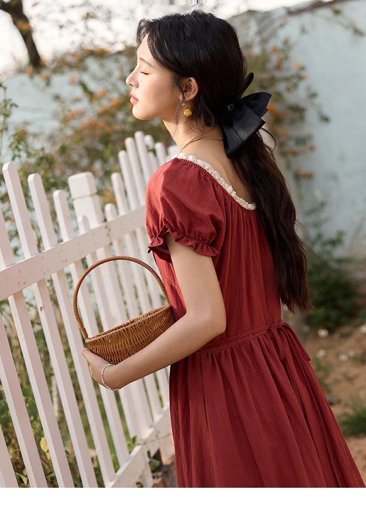 MISHOW French Summer Dress Women New 2025 Puff Short Sleeve Lace Neck Slimming Long Dresses Female Fashion Elegant MXE35L2297