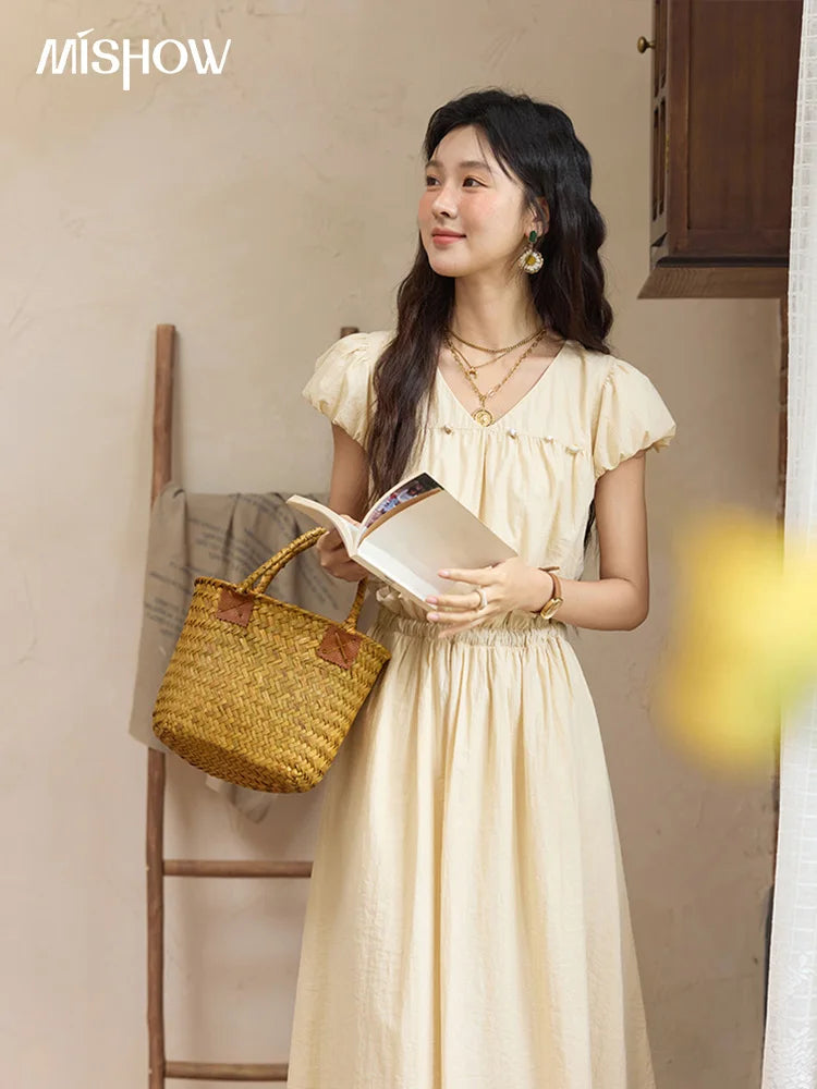 Mishow Flower Bud Sleeve V-Neck Sash Dress MXE34L2238