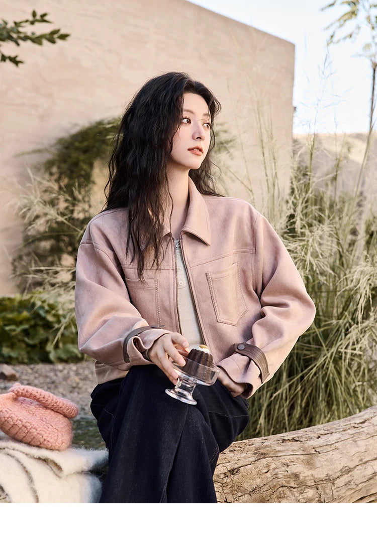 MISHOW Suede Symmetric Pocket Jacket American Vintage Zipper Short Outwear 2024 Winter Sweet Slim Lapel French Jacket MXD48W0478