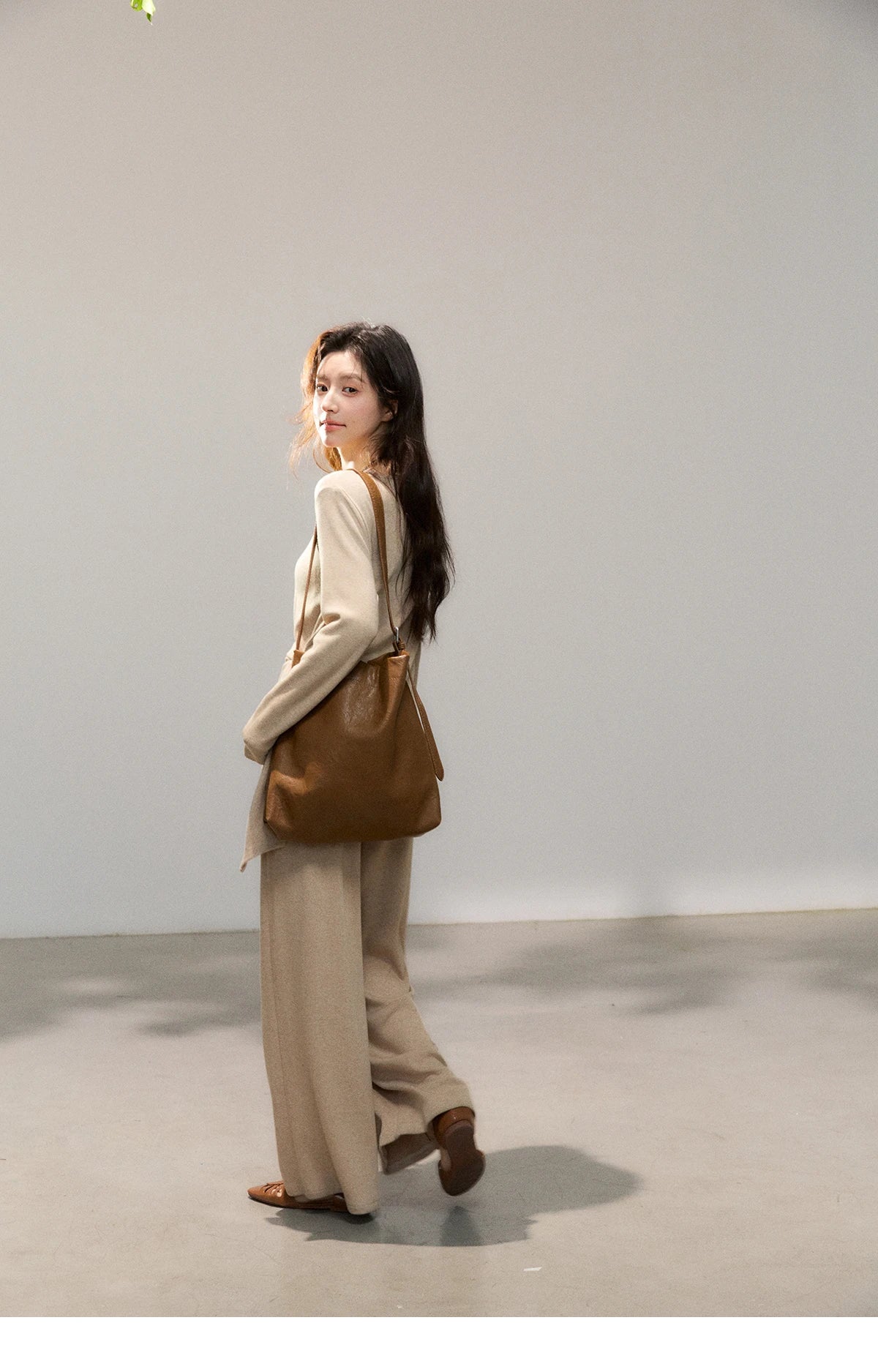 MISHOW Women's Khaki Knitted Two-Piece Set 2026 Spring Asymmetrical Hem Waist-Cinched Top Wide Leg Pants Casual Sets MXF11T1465