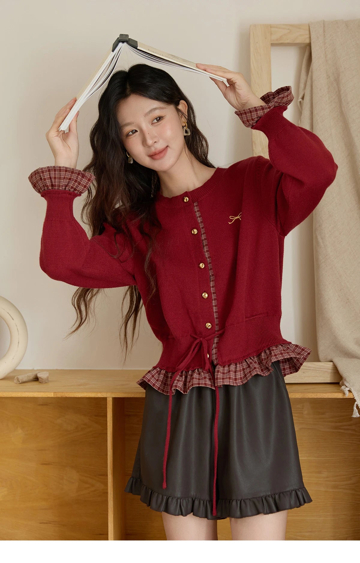 MISHOW Christmas Women's Cardigan 2025 Red Fake Two-Piece Plaid Patchwork Knit Top O-Neck Single-Breasted Outerwear MXE45Z2483