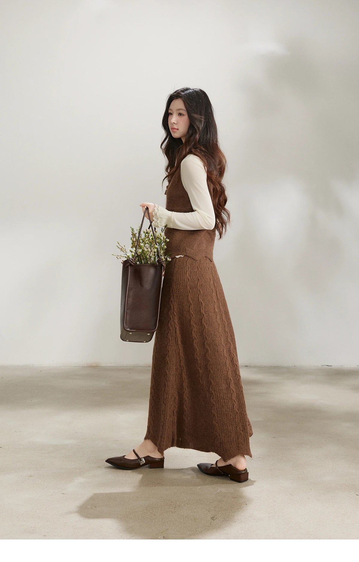 MISHOW Women's Brown Two-Piece Set 2026 Spring Knitted Vest V-Neck Cable Knit Maxi Skirt Casual Retro Warm Outfit MXF11T1460