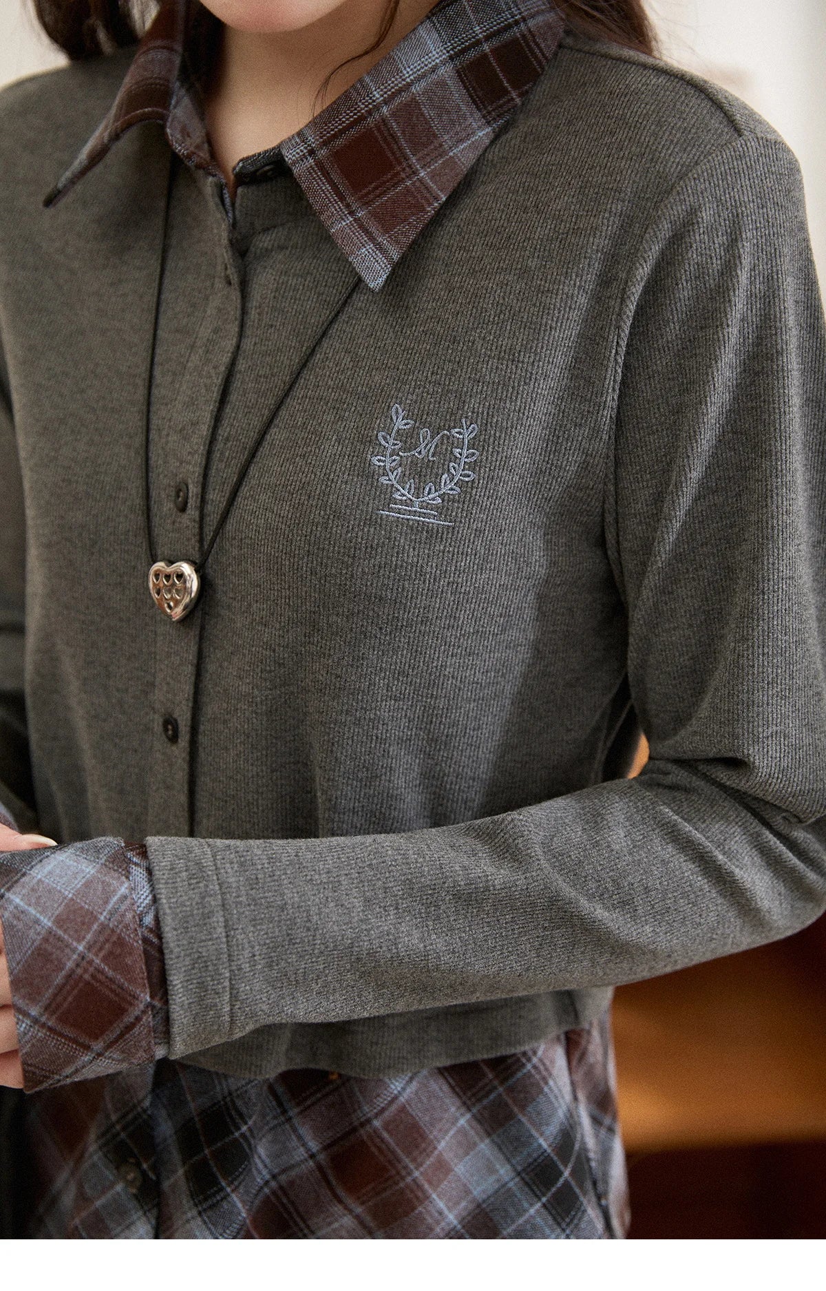 MISHOW Women's Shirt 2025 Autumn Winter Fake Two-piece Plaid Patchwork Knit Top Lapel Waist Tie Embroidery Design Top MXE89C2421