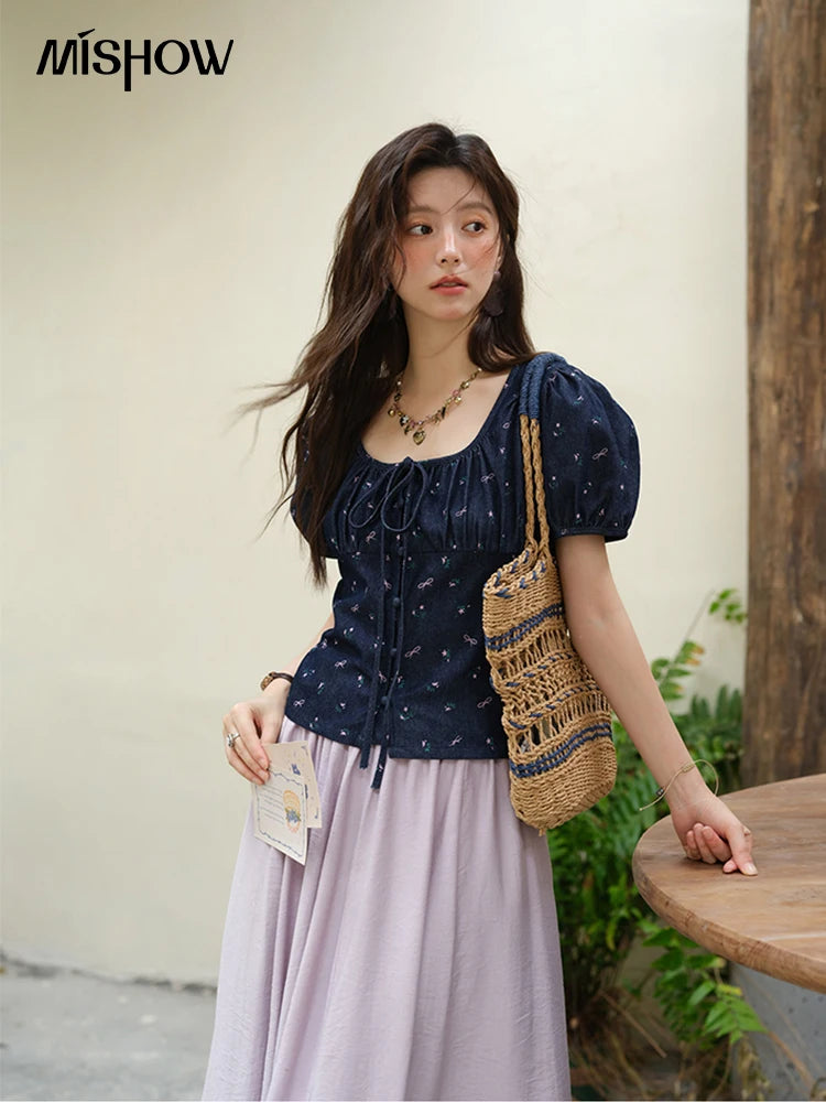 MISHOW Fashion Puff Sleeve Square Neck Blouse for Women 2025 Summer Lace Up Button Print Denim Top Women's Clothing MXE39X1933