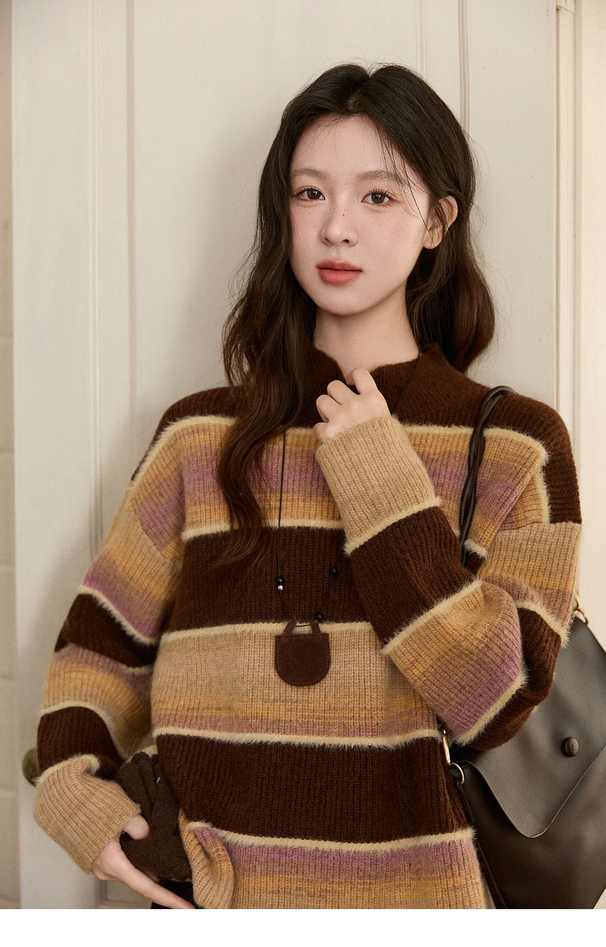 MISHOW Women's French Striped Gradient Sweater 2025 Winter Faux Mink Fleece Sweater Thick Casual Warm Knitted Top MXE94Z2891