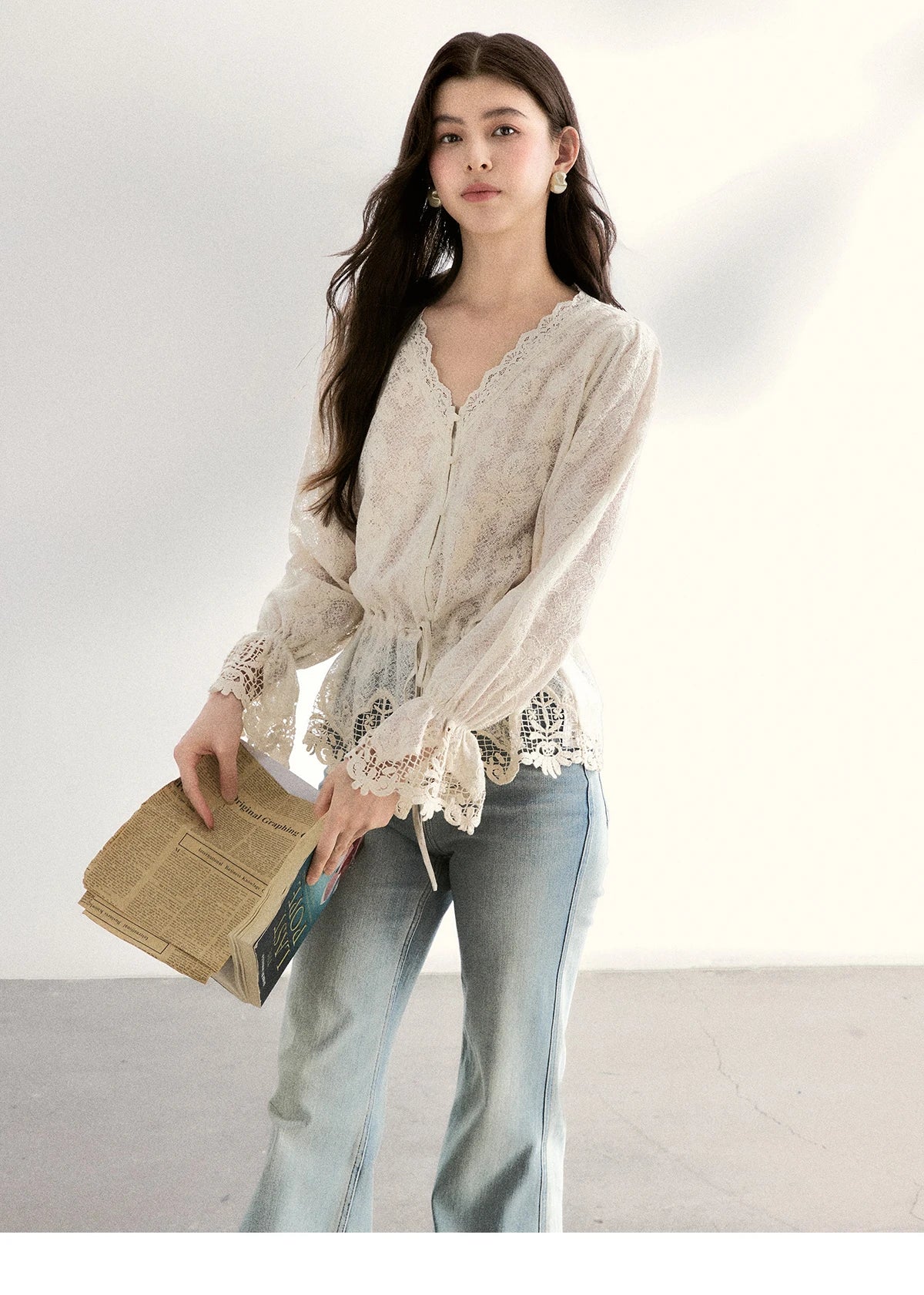 MISHOW Women's Lace V Neck Long Sleeve Shirts 2026 Spring Drawstring Waist Ruffled Hem Casual Loose Apricot Blouse MXF108X0998