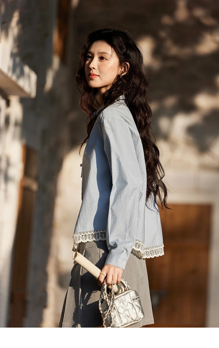 MISHOW Women's 100 Cotton Blue Shirt Spring 2025 Hem Lace Shirt Lapel Collar Commute Top Casual Solid Loose Shirts MXE12C0410