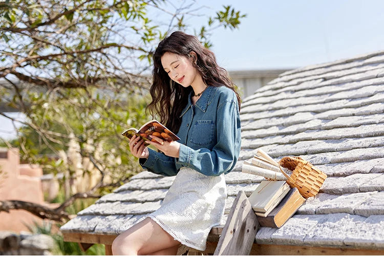 MISHOW Retro Washed Denim Shirt Spring 2025 Double Layered Patchwork Collar Shirt Metal Buckle Single Breasted Tops MXE12C0751