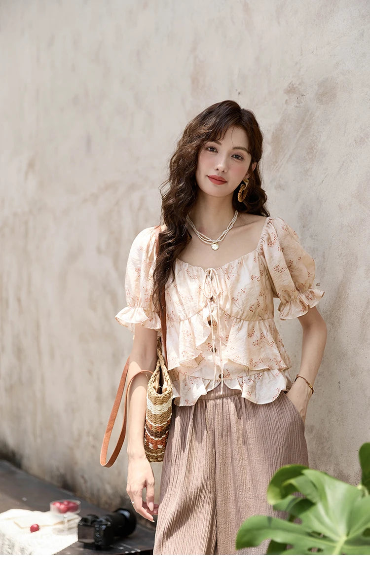 MISHOW French Floral Print Square Neck Shirt for Women 2025 Summer Bubble Sleeve Patchwork Double-layer Ruffle Tops MXD30X1565