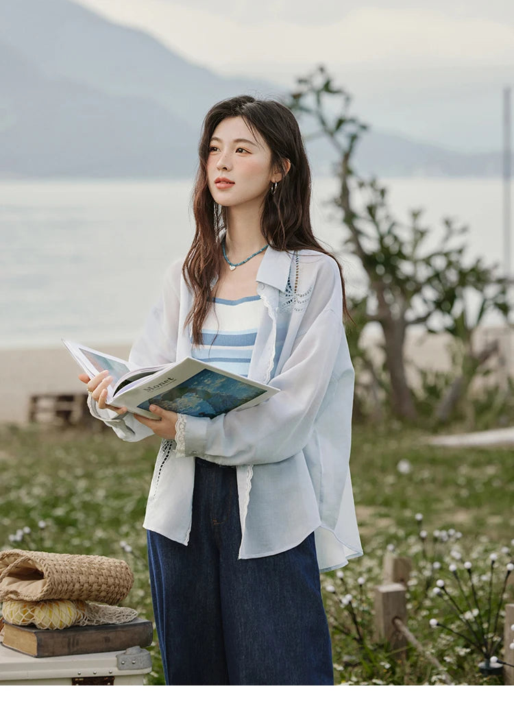 MISHOW Blue Office Lady Shirts Women 2025 Summer New Round Neck Long Sleeve Hollow Embroidery Blouses Female Fashion MXE31C0775