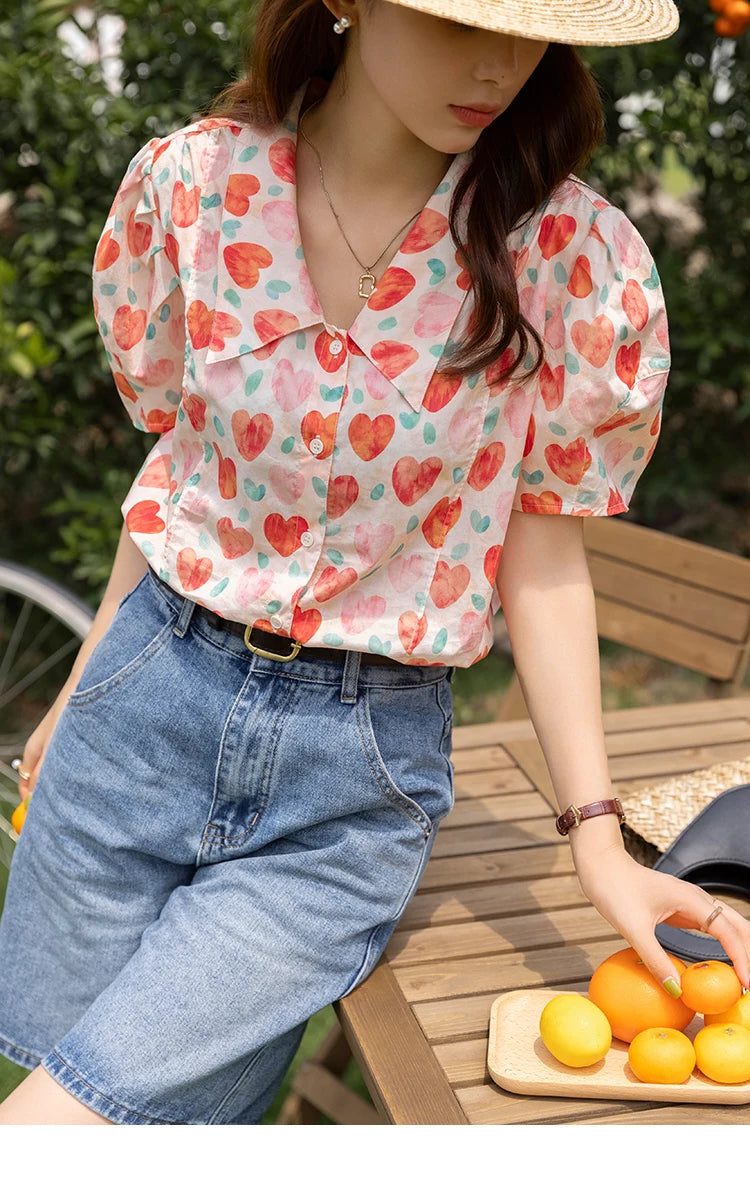 MISHOW Korean Floral Blouse Polo-Neck Puff Sleeve MXB27C0450