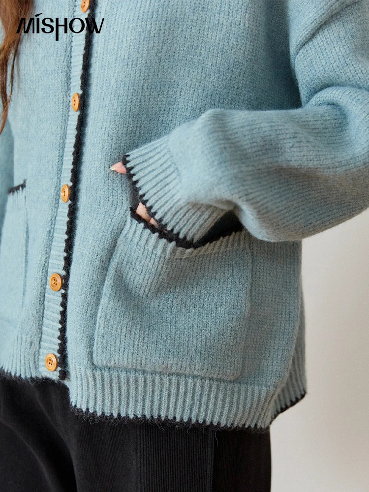 MISHOW Women's Yellow Knitted Cardigan 2025 Autumn Winter Color Collision Edge Sweater Pockets Loose Warm Casual Tops MXE94Z2973