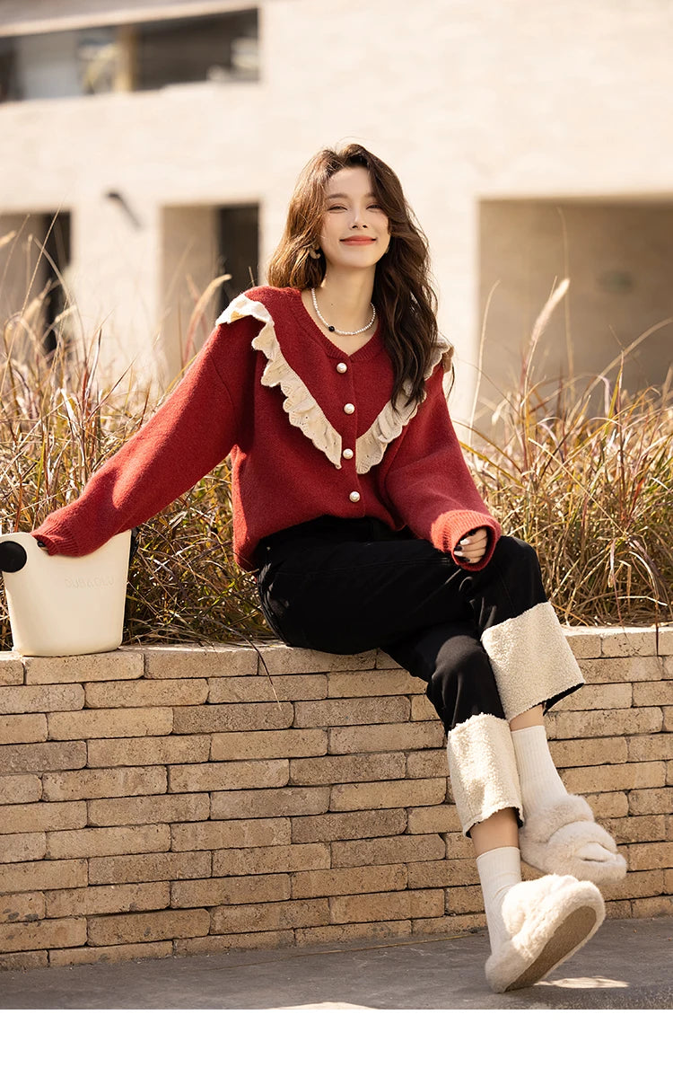 MISHOW Sweater Cardigan for Women Korean Fashion Ruffle Knitwears Autumn Winter Single Breasted Knitted Tops Jumpers MXB46Z1111