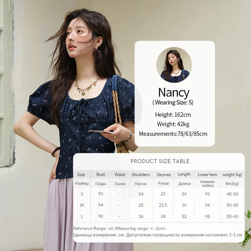 MISHOW Fashion Puff Sleeve Square Neck Blouse for Women 2025 Summer Lace Up Button Print Denim Top Women's Clothing MXE39X1933