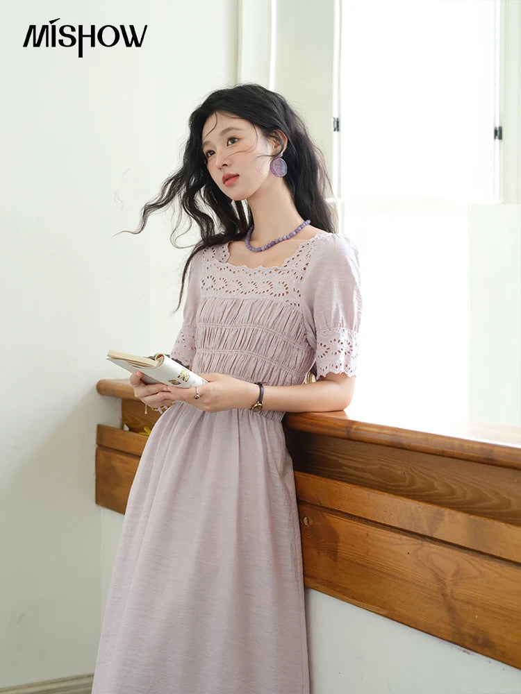 MISHOW Puff Sleeve Dress for Women 2025 Summer New Square Neck Fashion Lace Hollow Purple Dresses Female Clothing MXE39L2406