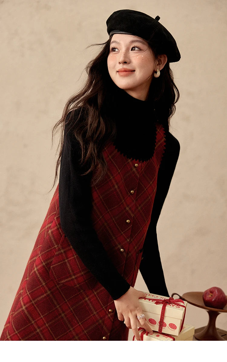 MISHOW Plaid Dress for Women Winter 2024 Contrasting Color Square Neck Plaid Dresses Woolen Sleeveless Vest Dress MXD58L2078