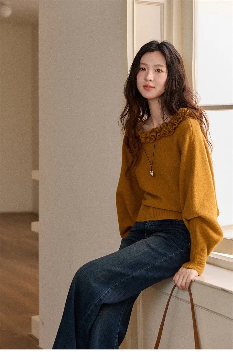 MISHOW Pullovers Women 2025 French Style Orange Lotus Edge Crew Neck Lantern Sleeves Top Slim Luxury Women's Sweaters MXE86Z2726