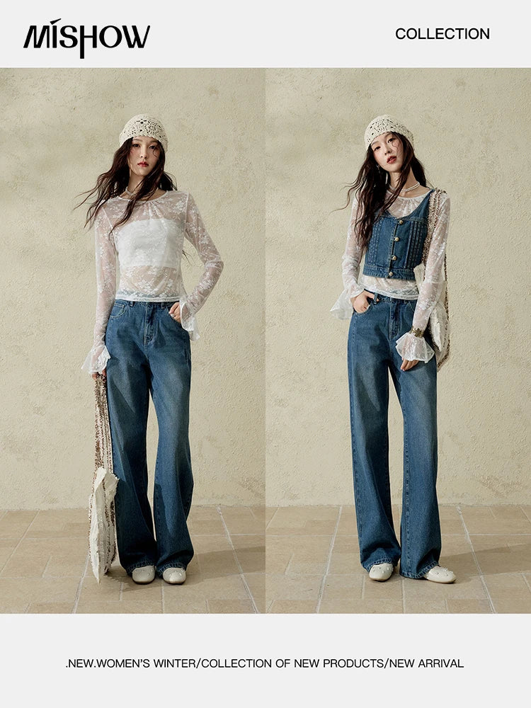 MISHOW Casual Straight Leg Jeans for Women 2025 Spring Versatile Washed Loose Women Pants Fashionable Denim Pants MXE16K0874